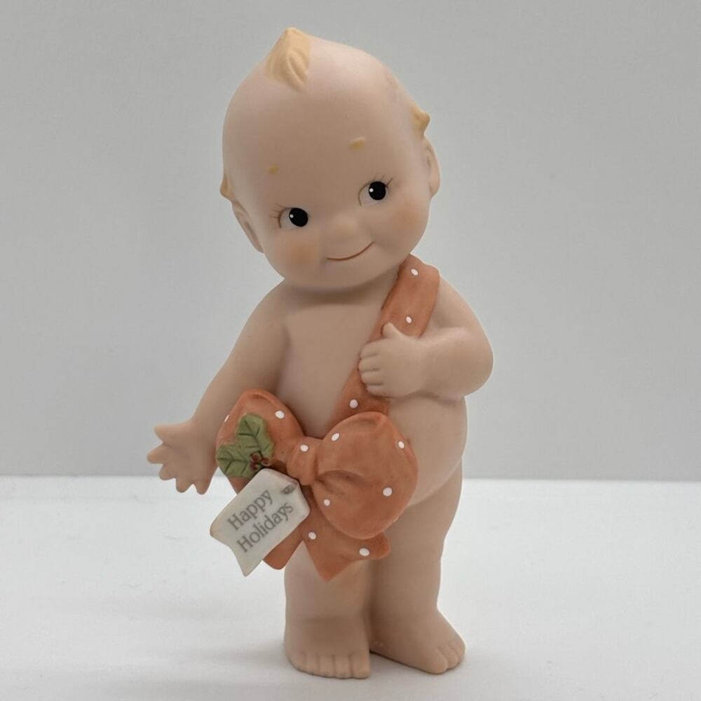 VTG 1993 Enesco/Jesco, Rose O'Neill Porcelain Kewpie Doll Happy Holidays Bow
